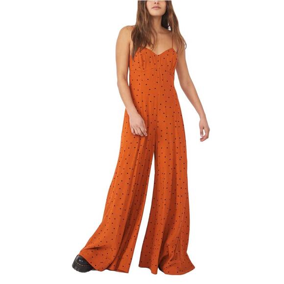 Free People Summer Jamboree Dark Orange Black Polka Dot Wide Leg  Jumpsuit - Picture 2 of 13